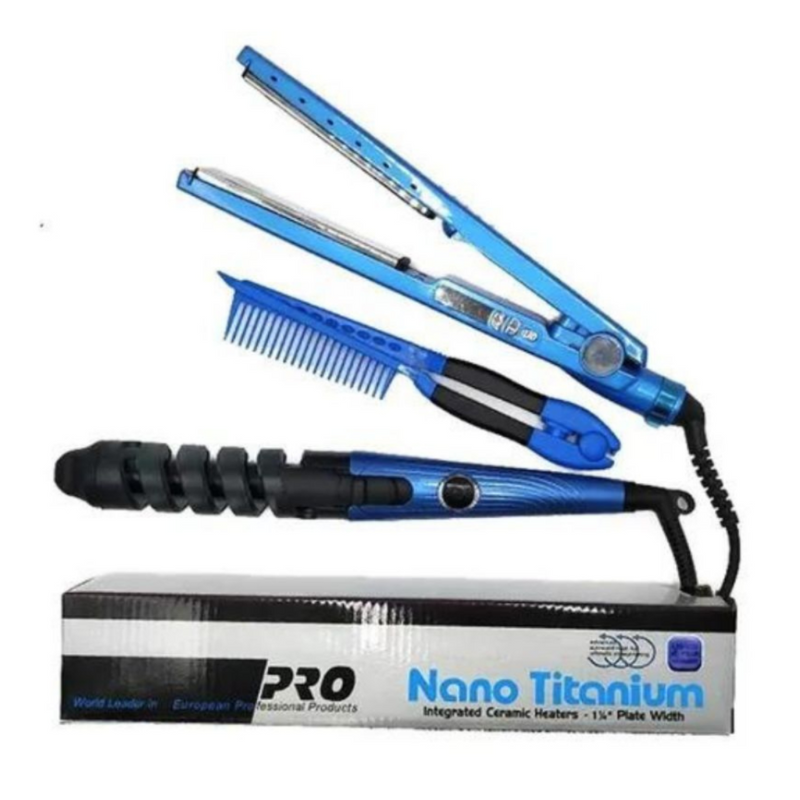 Combo Nano Titanium 3 en 1 Plancha Digital Profesional + Rizador Curl Perfect + Peine Profesional